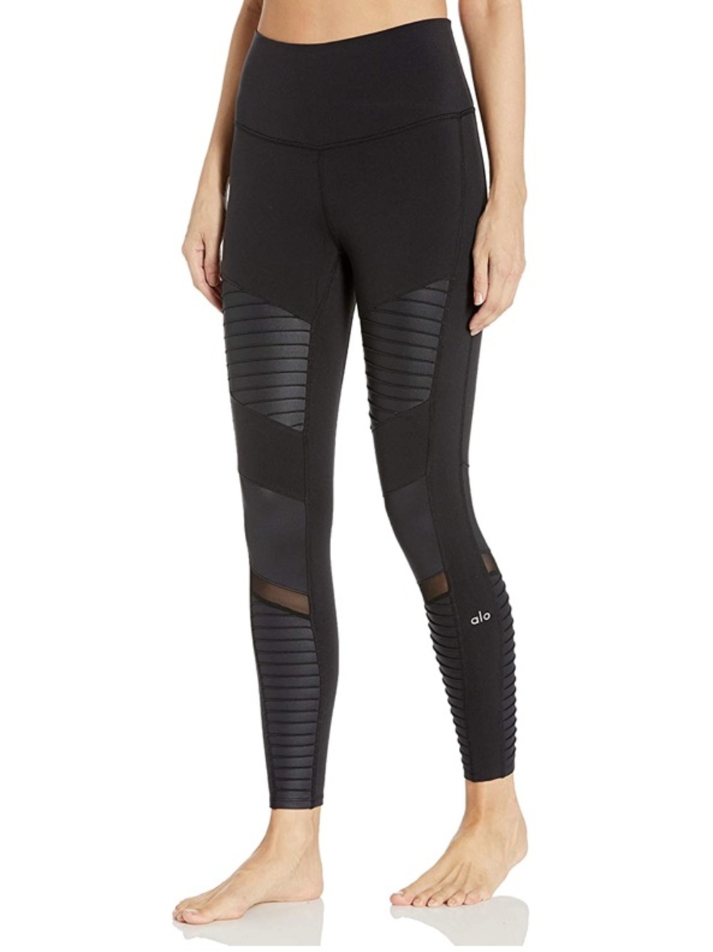 ALO Yoga Black High-Waist Moto Leggings with Ribbed & Mesh Panels
